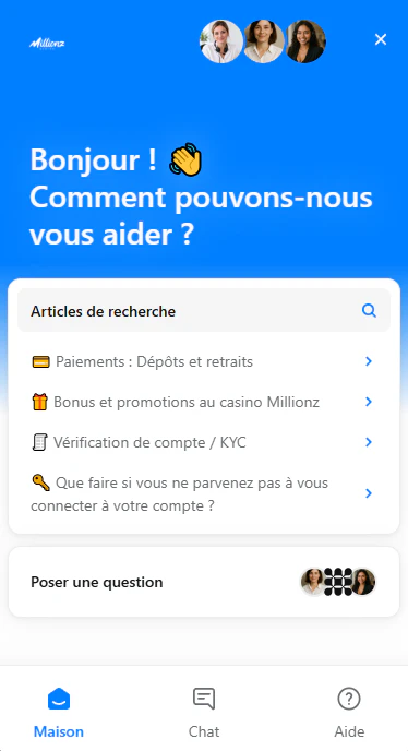 Service client Millionz avec chat en direct et centre d'aide